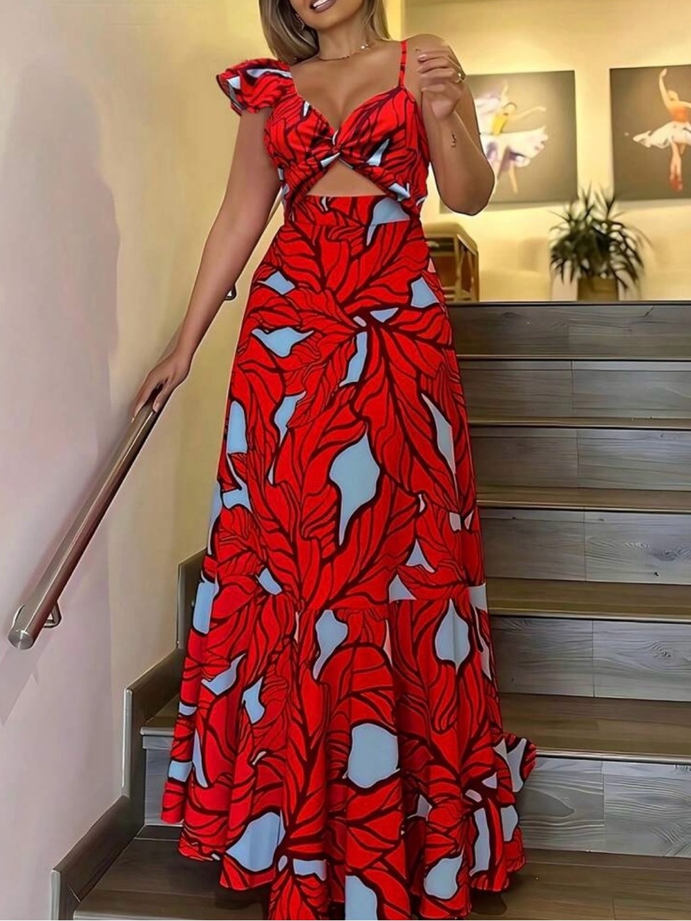 Red Floral Cutout Maxi Dress